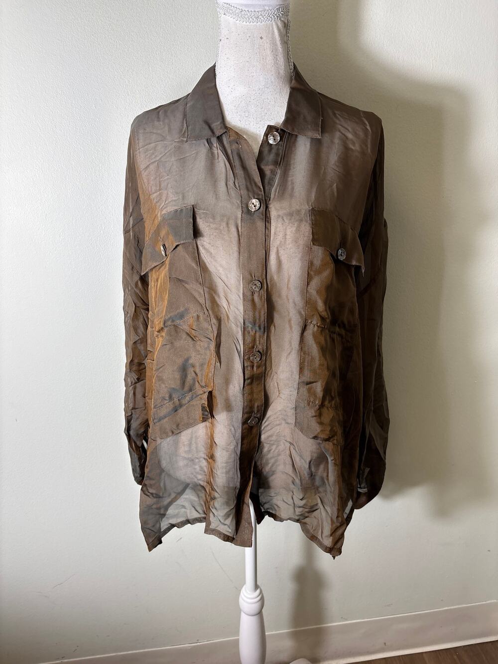 Britte Kai Rand Brown Sheer Button Up Blouse Sz M